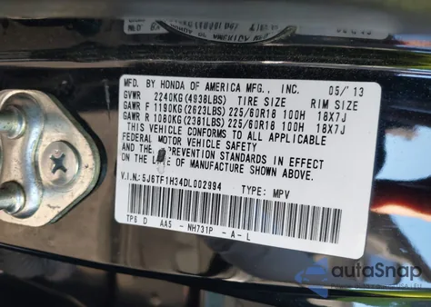 2013 Honda Crosstour Ex V6 from USA, damaged, VIN 5J6TF1H34DL002994